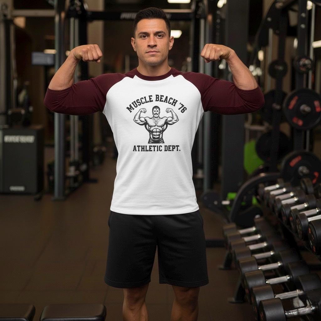 Vintage Muscle Beach 76 Bodybuilding Shirt - Retro Gym 3/4 Sleeve Baseball Raglan - Athletic Dept. Fitness Graphic Tee - Unisex Workout Top