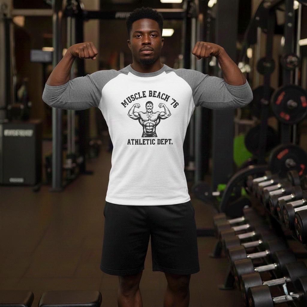 Vintage Muscle Beach 76 Bodybuilding Shirt - Retro Gym 3/4 Sleeve Baseball Raglan - Athletic Dept. Fitness Graphic Tee - Unisex Workout Top