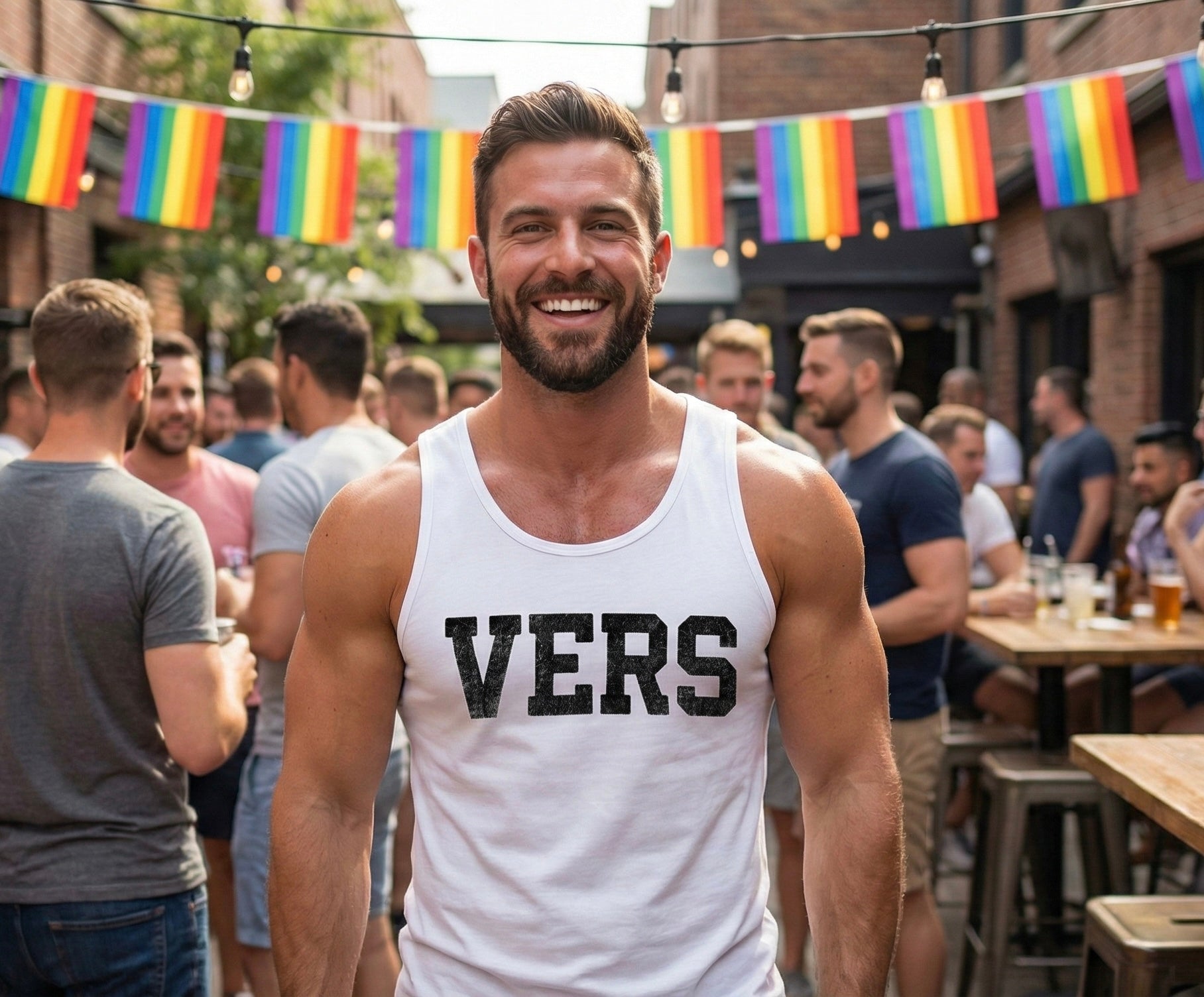 VERS Distressed Text Tank Top & T-Shirt | Gay Pride Apparel | LGBTQ+ Clubwear | Versatile Queer Gym Shirt | Vintage Style Graphic Tee