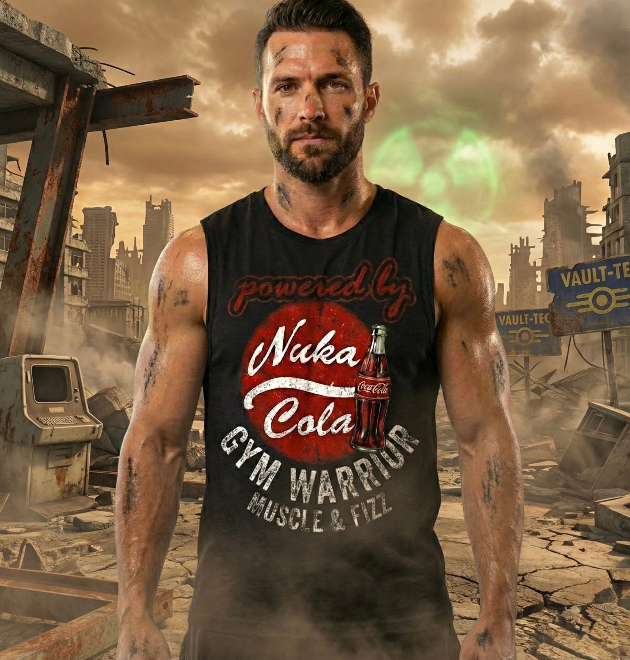Nuka Cola Workout Tank Top | Fallout Inspired Gym Shirt | "Powered By Nuka Cola" Muscle Tee