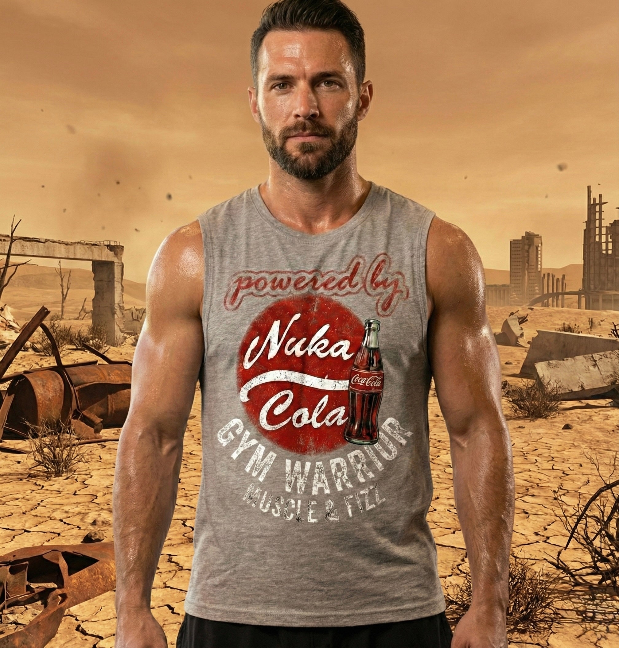 Nuka Cola Workout Tank Top | Fallout Inspired Gym Shirt | "Powered By Nuka Cola" Muscle Tee