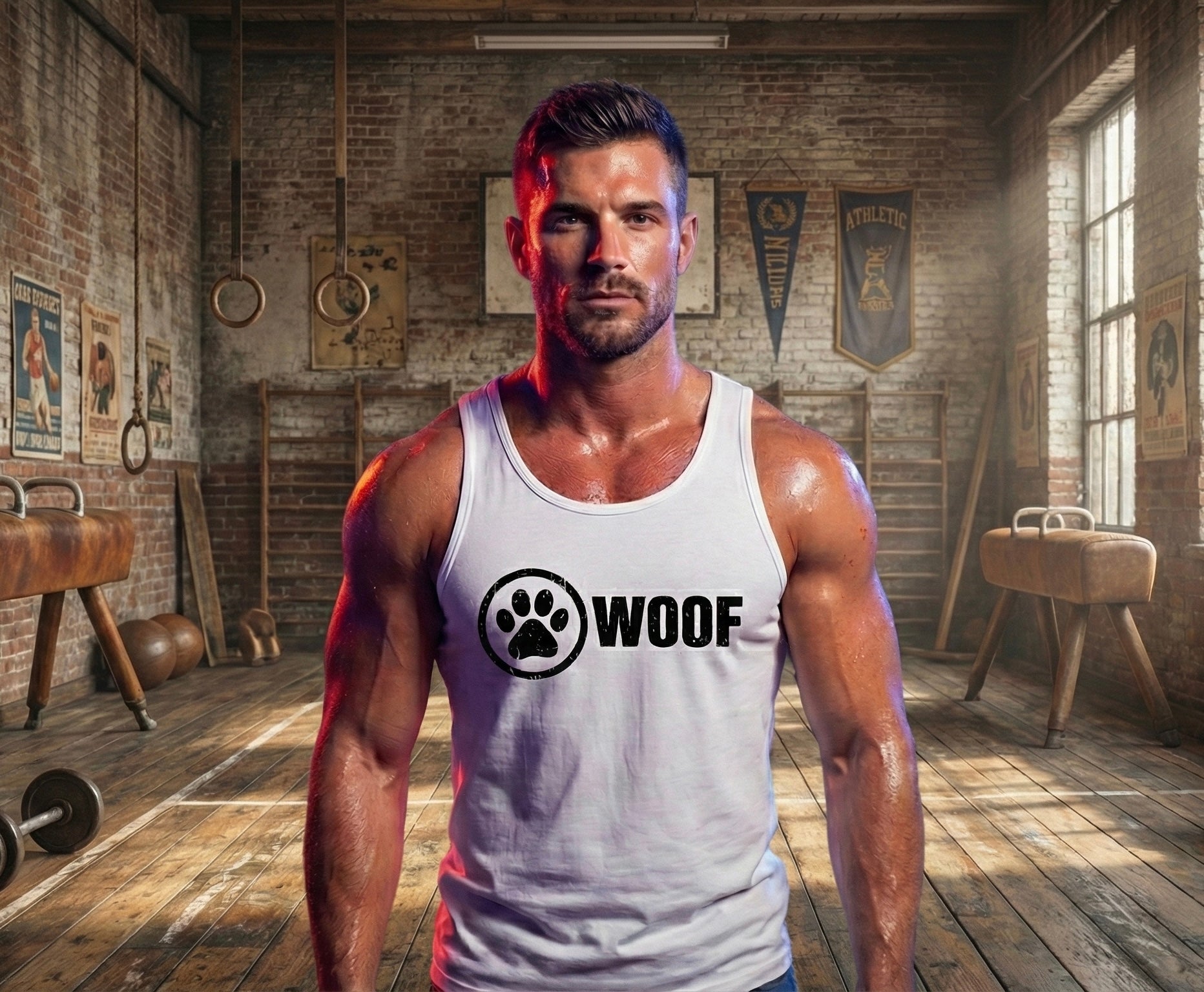 WOOF Distressed Paw Print Muscle Tank | Gay Pride Gym Shirt | Bear, Otter & Pup Apparel | Men’s Clubwear & Workout Top