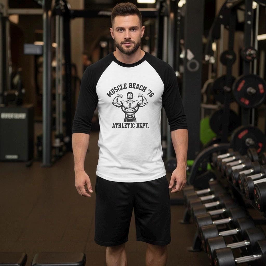 Vintage Muscle Beach 76 Bodybuilding Shirt - Retro Gym 3/4 Sleeve Baseball Raglan - Athletic Dept. Fitness Graphic Tee - Unisex Workout Top